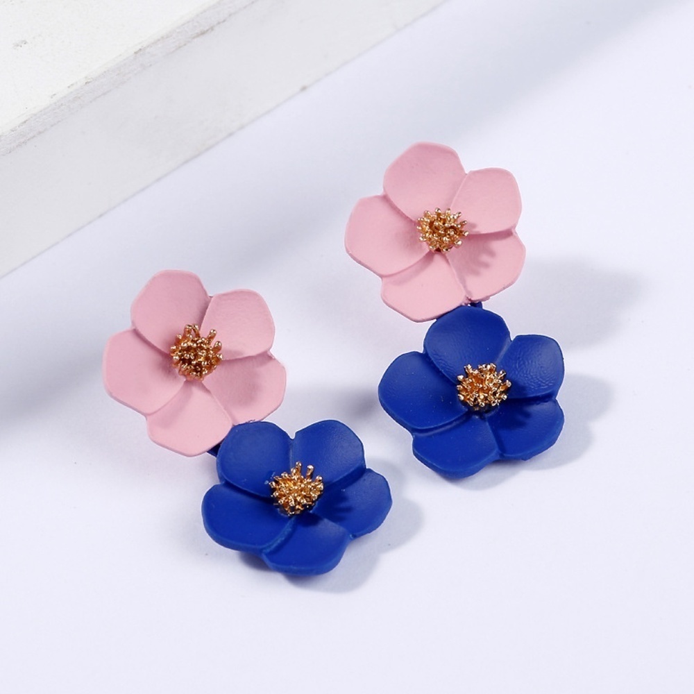 *TALISA* Pink x Blue Double Flower Earrings - Picture 2 of 2